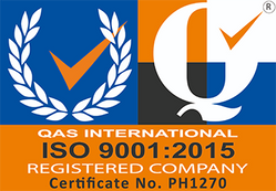 QAS International ISO 9001:2015 registered company badge, certificate PH1270